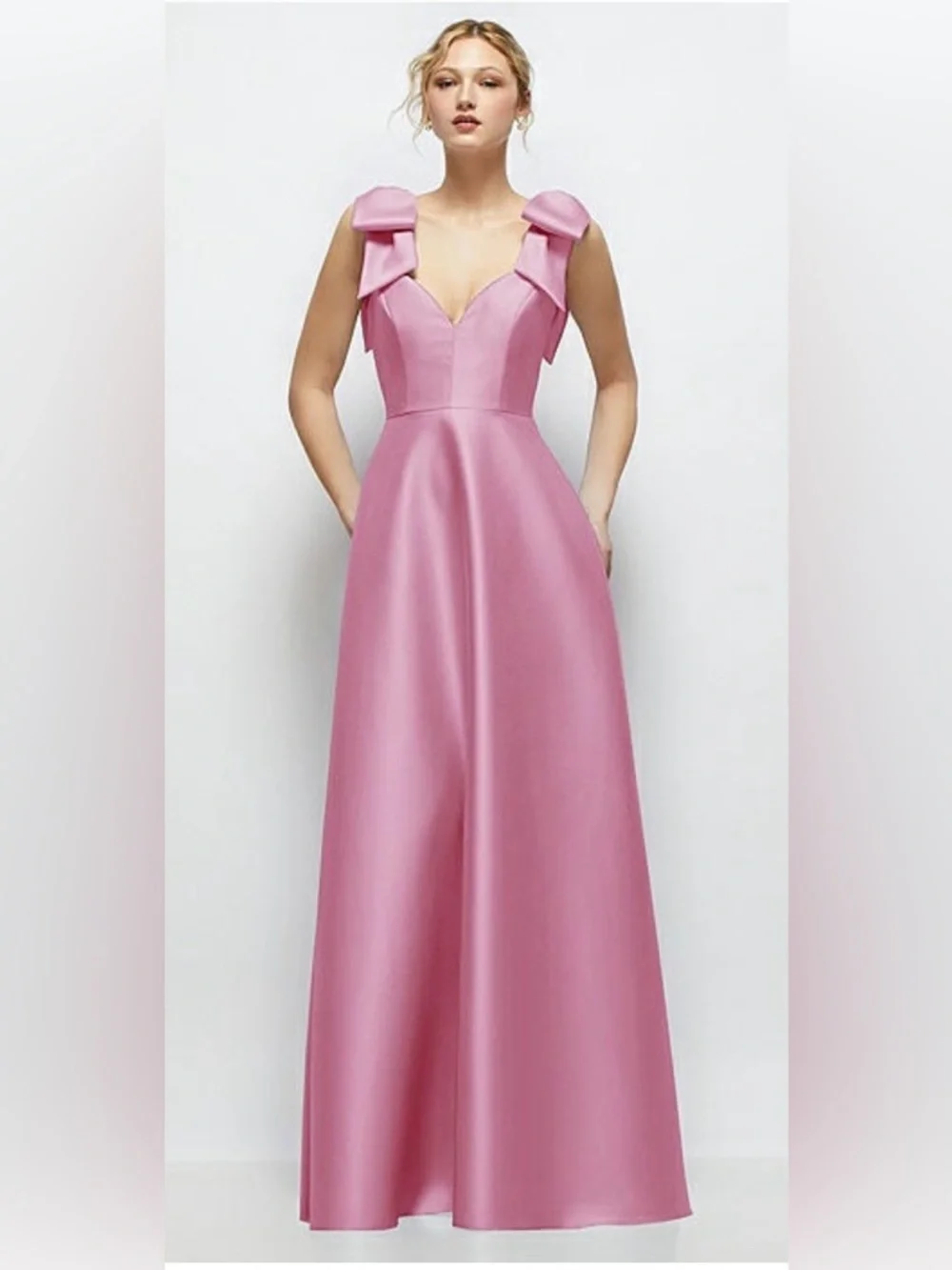 ALFRED SUNG Pink Satin Maxi Dress with Bow Shoulders - Picture 2 of 3